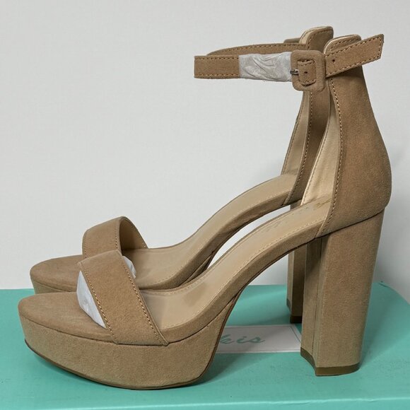 Ankis Shoes - 🤎 Beige Faux Suede Platform Block Heel Sandals Heels with Ankle Strap | Size 6